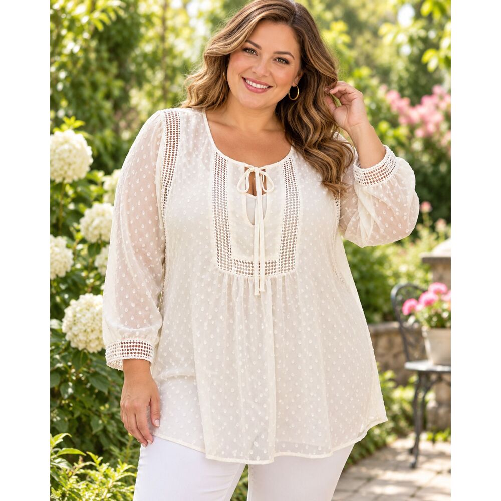 Avenue White Swiss Dot Tunic Blouse Size 14/16 Lace Accents Boho Cottage Core